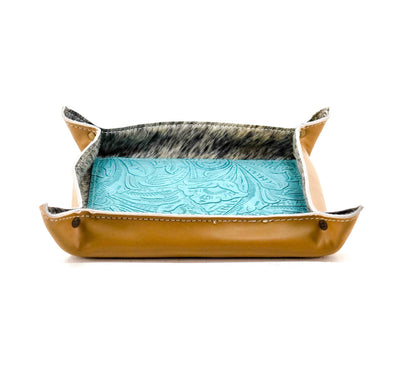 Large Tray - Smooth Latte Leather w/ Turquoise Denver Tool-Large Tray-Western-Cowhide-Bags-Handmade-Products-Gifts-Dancing Cactus Designs