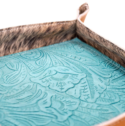Large Tray - Smooth Latte Leather w/ Turquoise Denver Tool-Large Tray-Western-Cowhide-Bags-Handmade-Products-Gifts-Dancing Cactus Designs