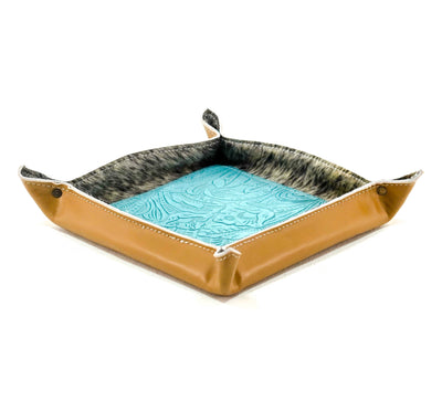 Large Tray - Smooth Latte Leather w/ Turquoise Denver Tool-Large Tray-Western-Cowhide-Bags-Handmade-Products-Gifts-Dancing Cactus Designs