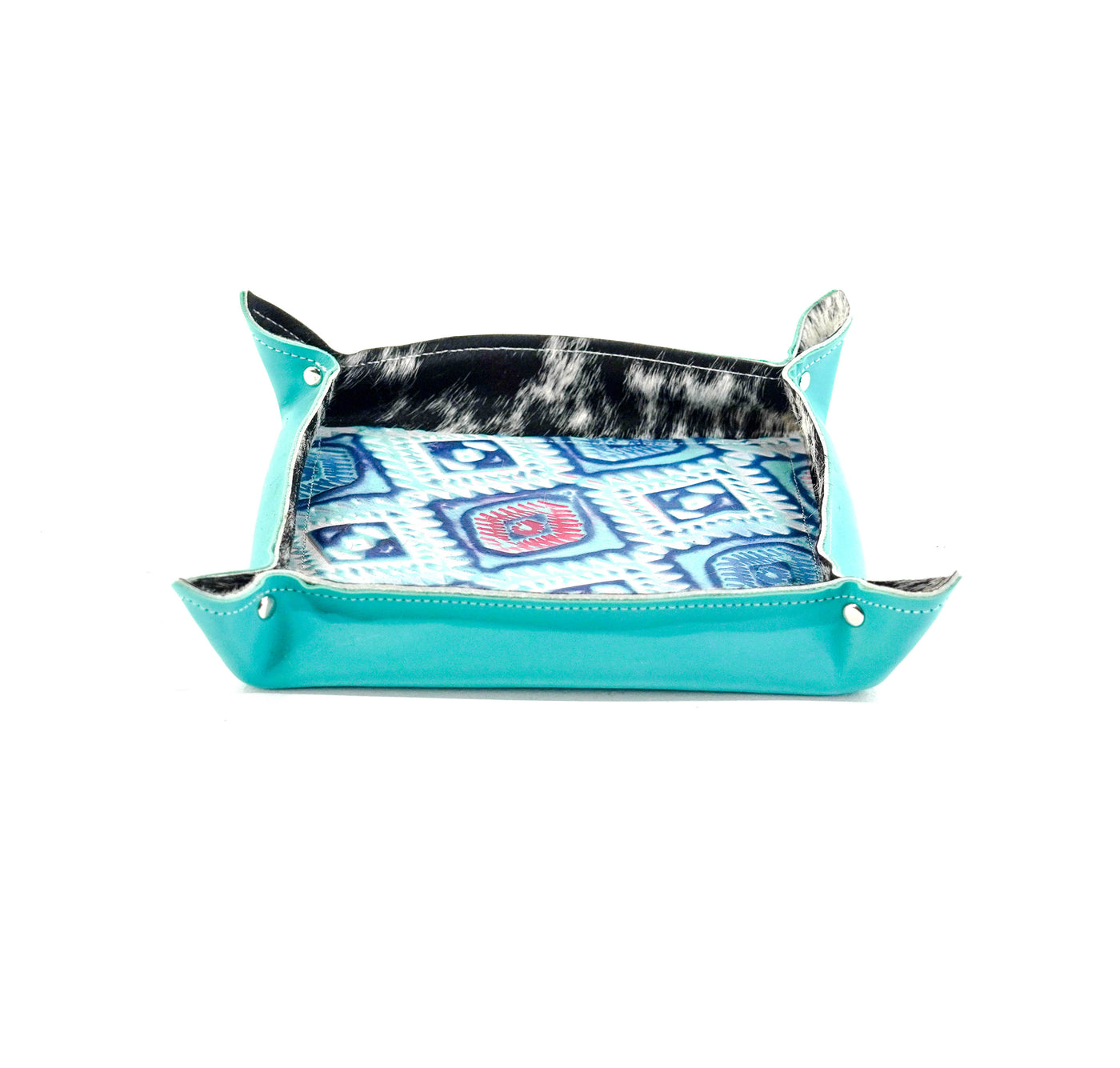 Large Tray - Turquoise Leather w/ Tucson Sundown Aztec-Large Tray-Western-Cowhide-Bags-Handmade-Products-Gifts-Dancing Cactus Designs