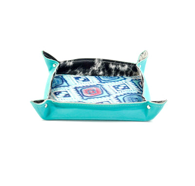 Large Tray - Turquoise Leather w/ Tucson Sundown Aztec-Large Tray-Western-Cowhide-Bags-Handmade-Products-Gifts-Dancing Cactus Designs