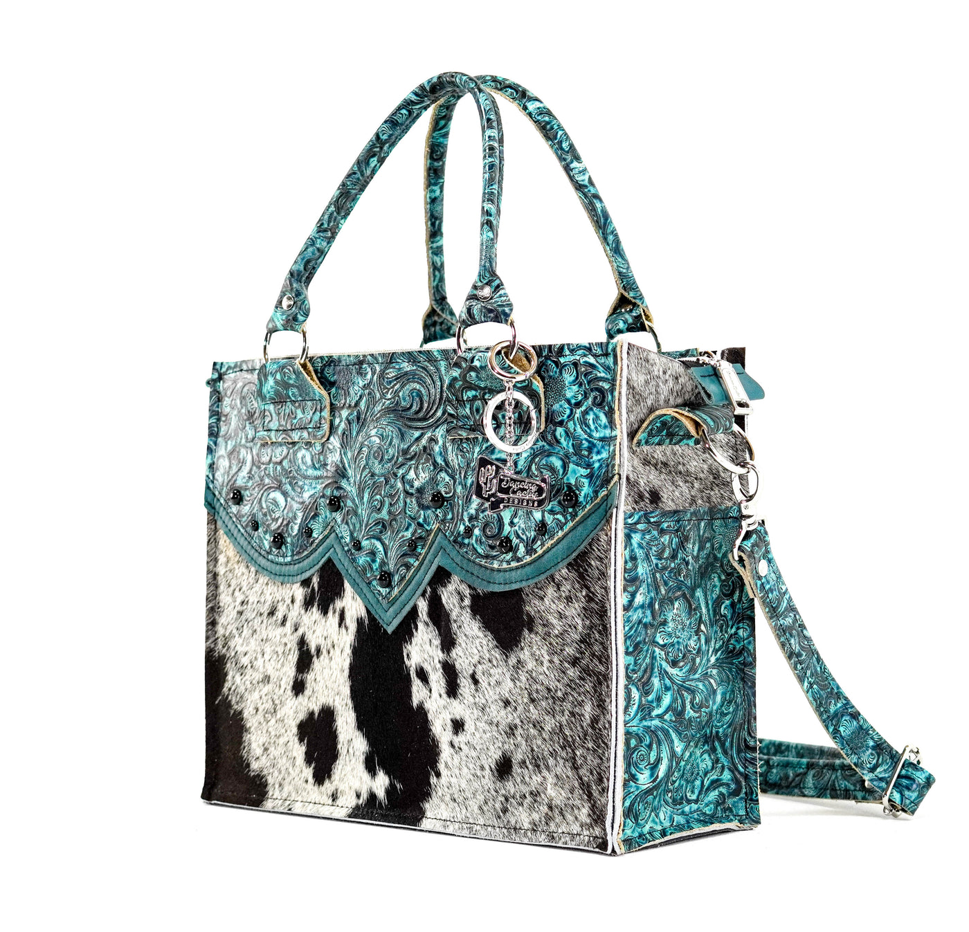 Minnie Pearl - Black & White w/ Turquoise Wildflower-Minnie Pearl-Western-Cowhide-Bags-Handmade-Products-Gifts-Dancing Cactus Designs