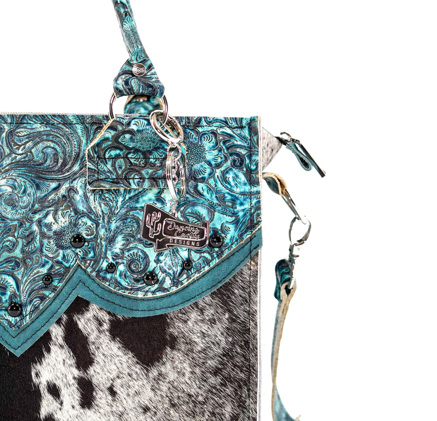 Minnie Pearl - Black & White w/ Turquoise Wildflower-Minnie Pearl-Western-Cowhide-Bags-Handmade-Products-Gifts-Dancing Cactus Designs