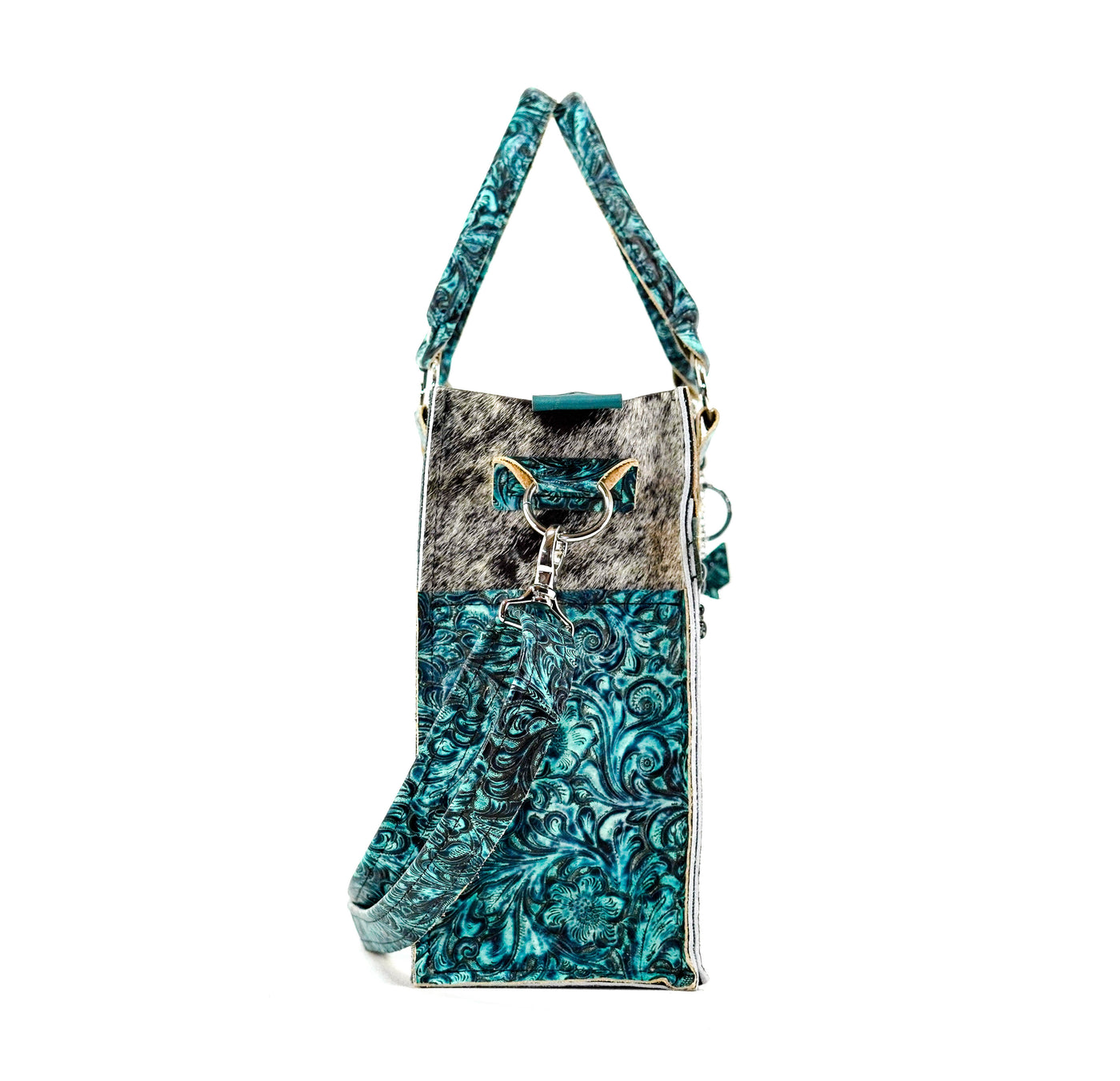 Minnie Pearl - Black & White w/ Turquoise Wildflower-Minnie Pearl-Western-Cowhide-Bags-Handmade-Products-Gifts-Dancing Cactus Designs