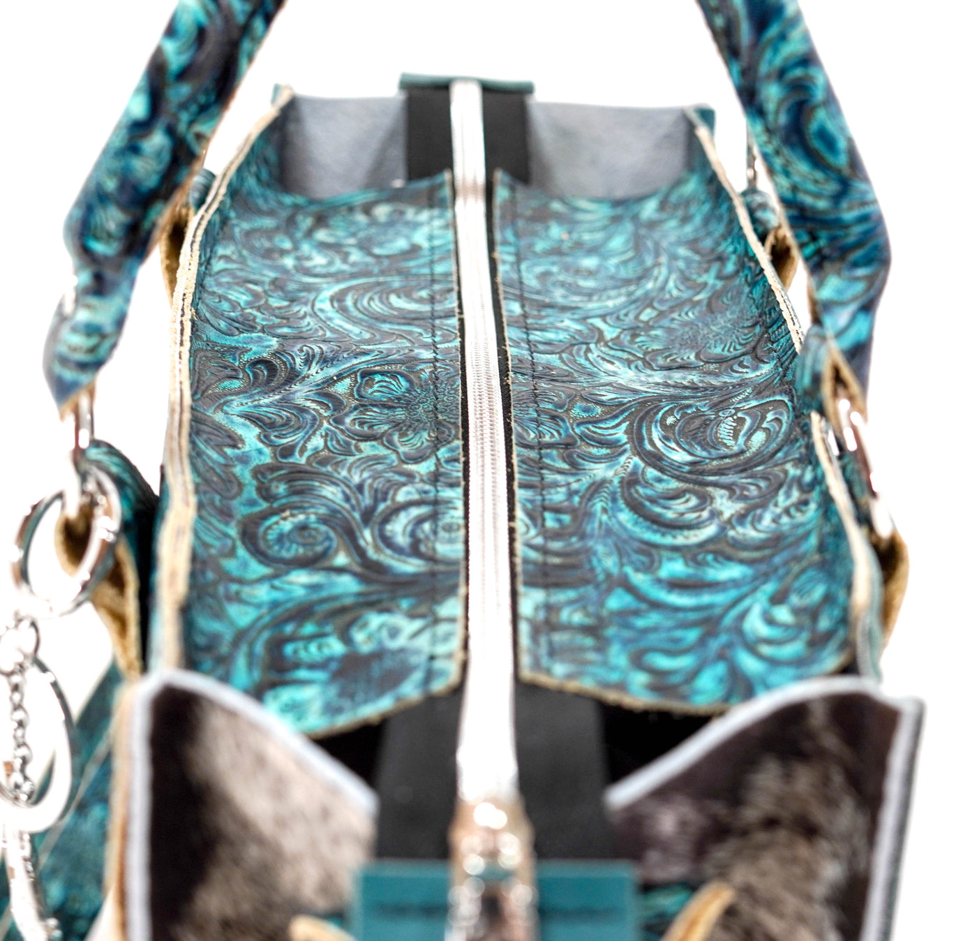 Minnie Pearl - Black & White w/ Turquoise Wildflower-Minnie Pearl-Western-Cowhide-Bags-Handmade-Products-Gifts-Dancing Cactus Designs