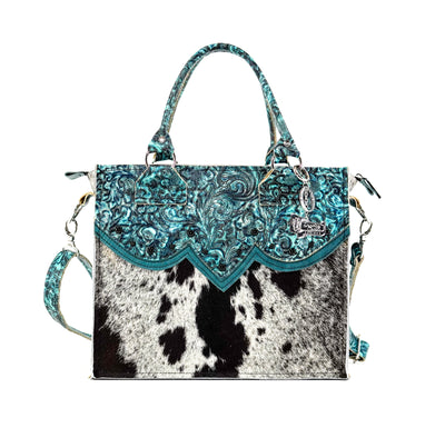 Minnie Pearl - Black & White w/ Turquoise Wildflower-Minnie Pearl-Western-Cowhide-Bags-Handmade-Products-Gifts-Dancing Cactus Designs