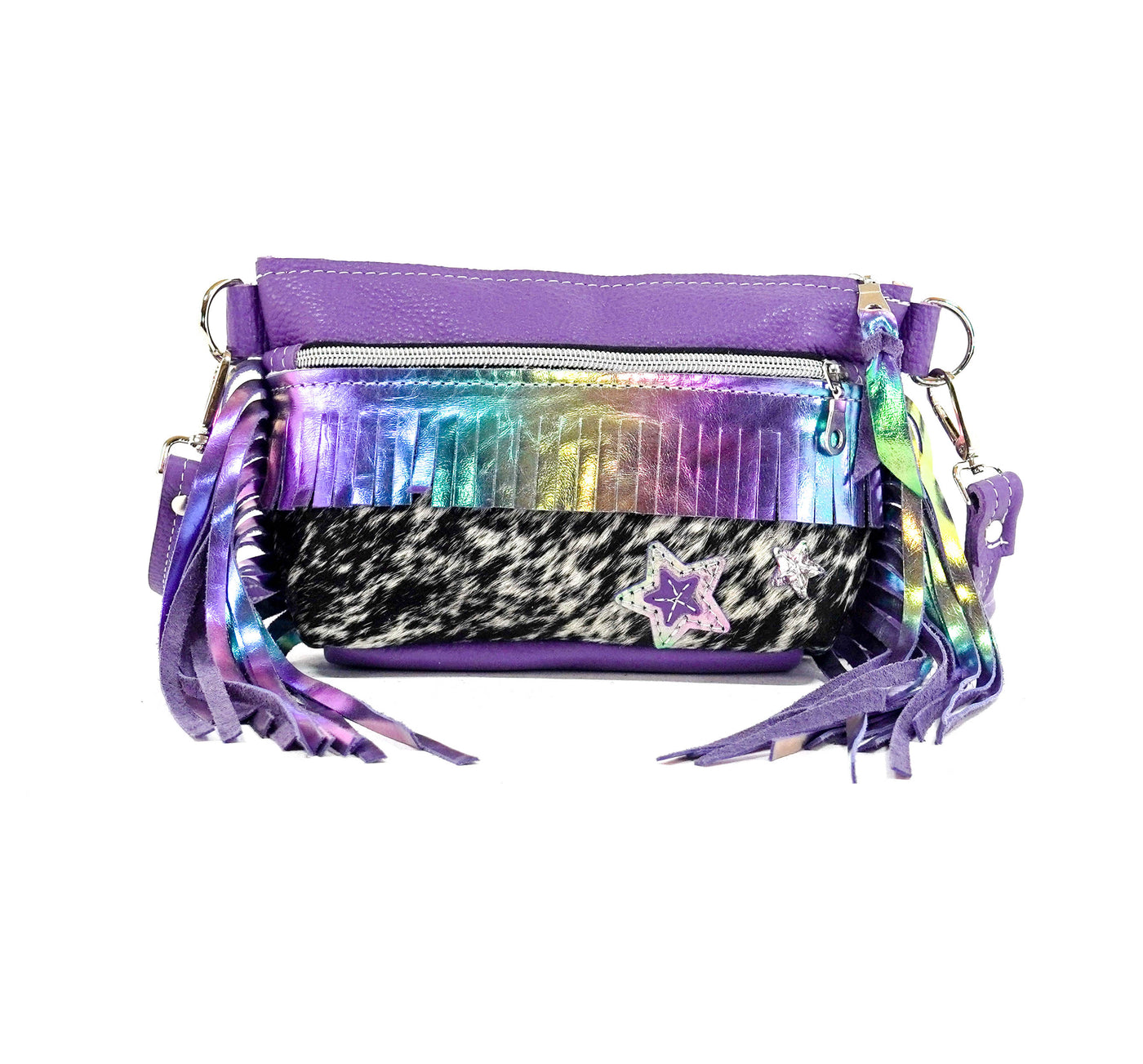 Miss Kitty - Black & White w/ Purple Leather-Miss Kitty-Western-Cowhide-Bags-Handmade-Products-Gifts-Dancing Cactus Designs