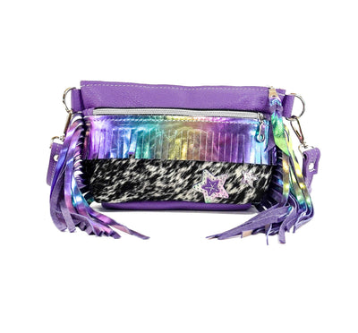 Miss Kitty - Black & White w/ Purple Leather-Miss Kitty-Western-Cowhide-Bags-Handmade-Products-Gifts-Dancing Cactus Designs