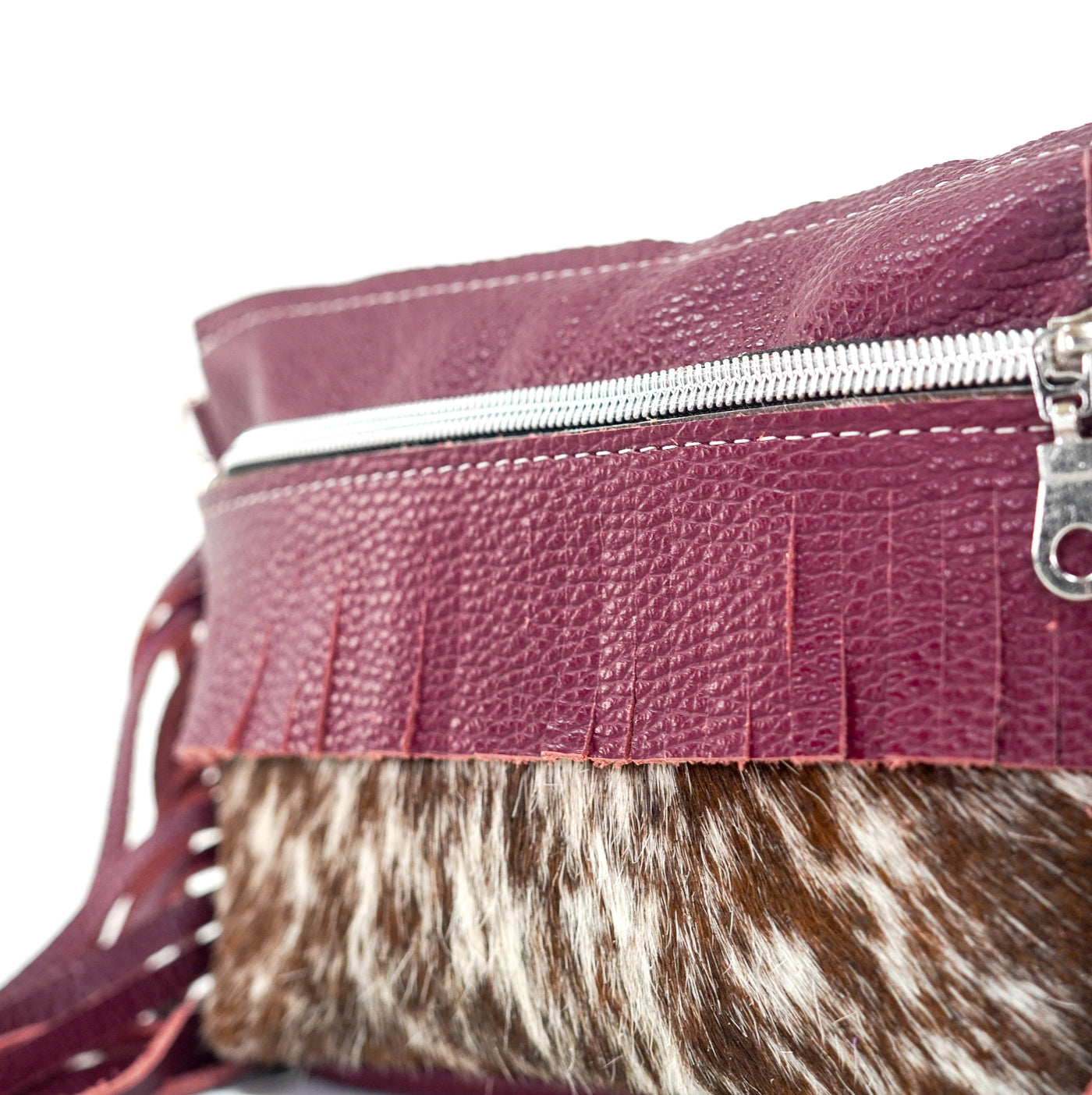 Miss Kitty - Chocolate & White w/ Wine Leather-Miss Kitty-Western-Cowhide-Bags-Handmade-Products-Gifts-Dancing Cactus Designs