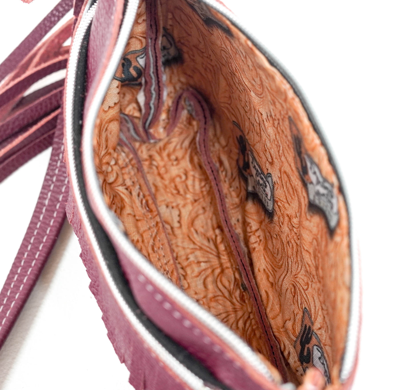 Miss Kitty - Chocolate & White w/ Wine Leather-Miss Kitty-Western-Cowhide-Bags-Handmade-Products-Gifts-Dancing Cactus Designs