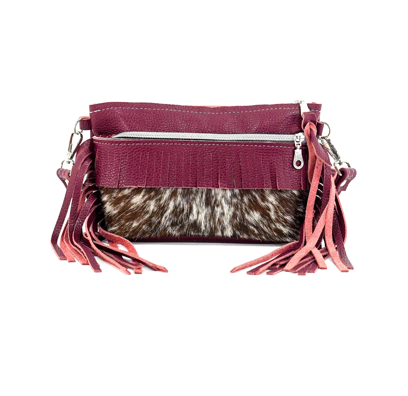 Miss Kitty - Chocolate & White w/ Wine Leather-Miss Kitty-Western-Cowhide-Bags-Handmade-Products-Gifts-Dancing Cactus Designs