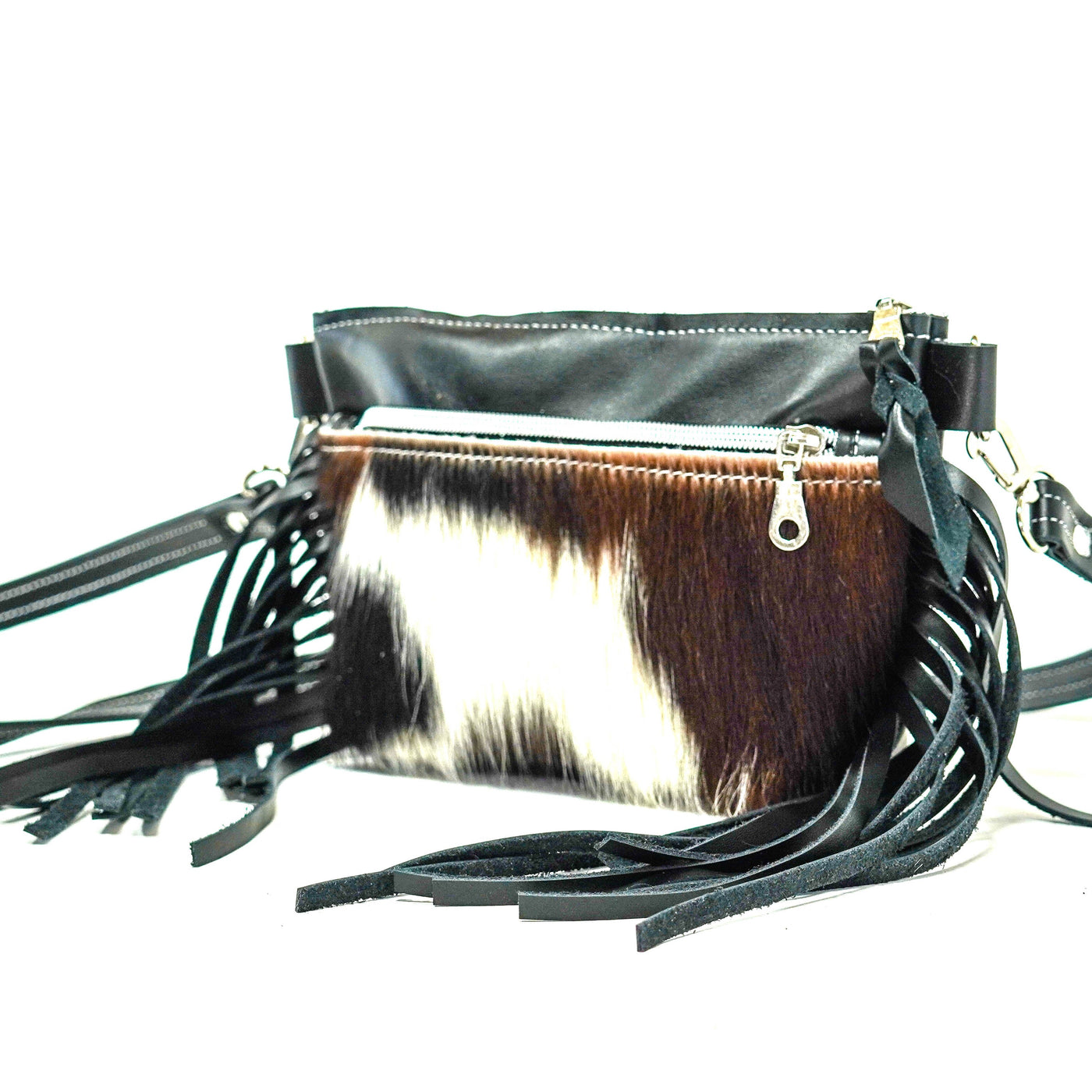 Miss Kitty - Tricolor w/ Black Leather-Miss Kitty-Western-Cowhide-Bags-Handmade-Products-Gifts-Dancing Cactus Designs