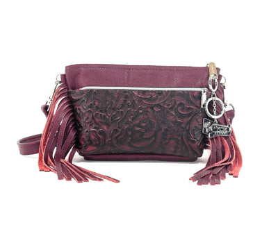 Miss Kitty - Wine Leather w/ Burgundy Tool-Miss Kitty-Western-Cowhide-Bags-Handmade-Products-Gifts-Dancing Cactus Designs