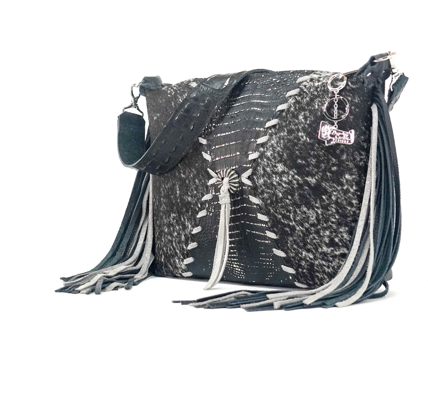 Oakley - Black & White w/ Onyx & Silver Croc-Oakley-Western-Cowhide-Bags-Handmade-Products-Gifts-Dancing Cactus Designs
