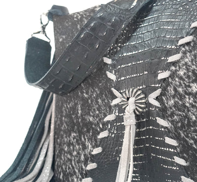 Oakley - Black & White w/ Onyx & Silver Croc-Oakley-Western-Cowhide-Bags-Handmade-Products-Gifts-Dancing Cactus Designs
