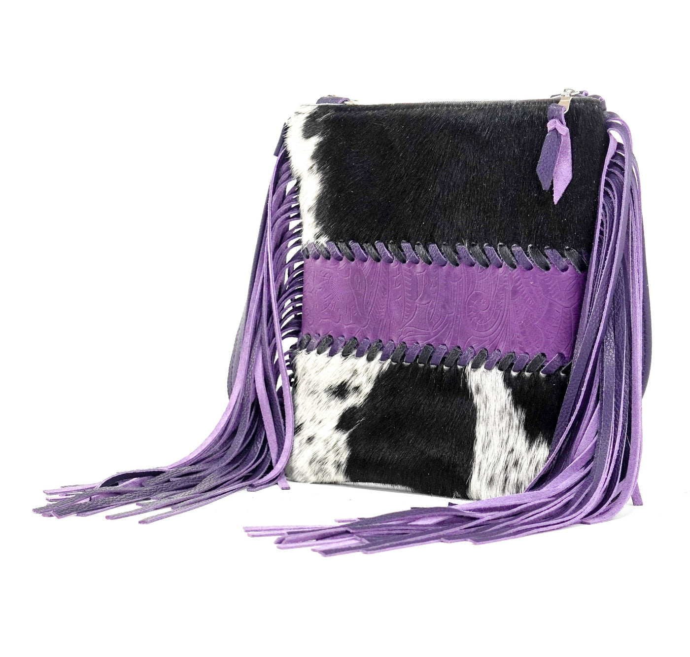 Shania - Black & White w/ Purple Denver Tool-Shania-Western-Cowhide-Bags-Handmade-Products-Gifts-Dancing Cactus Designs