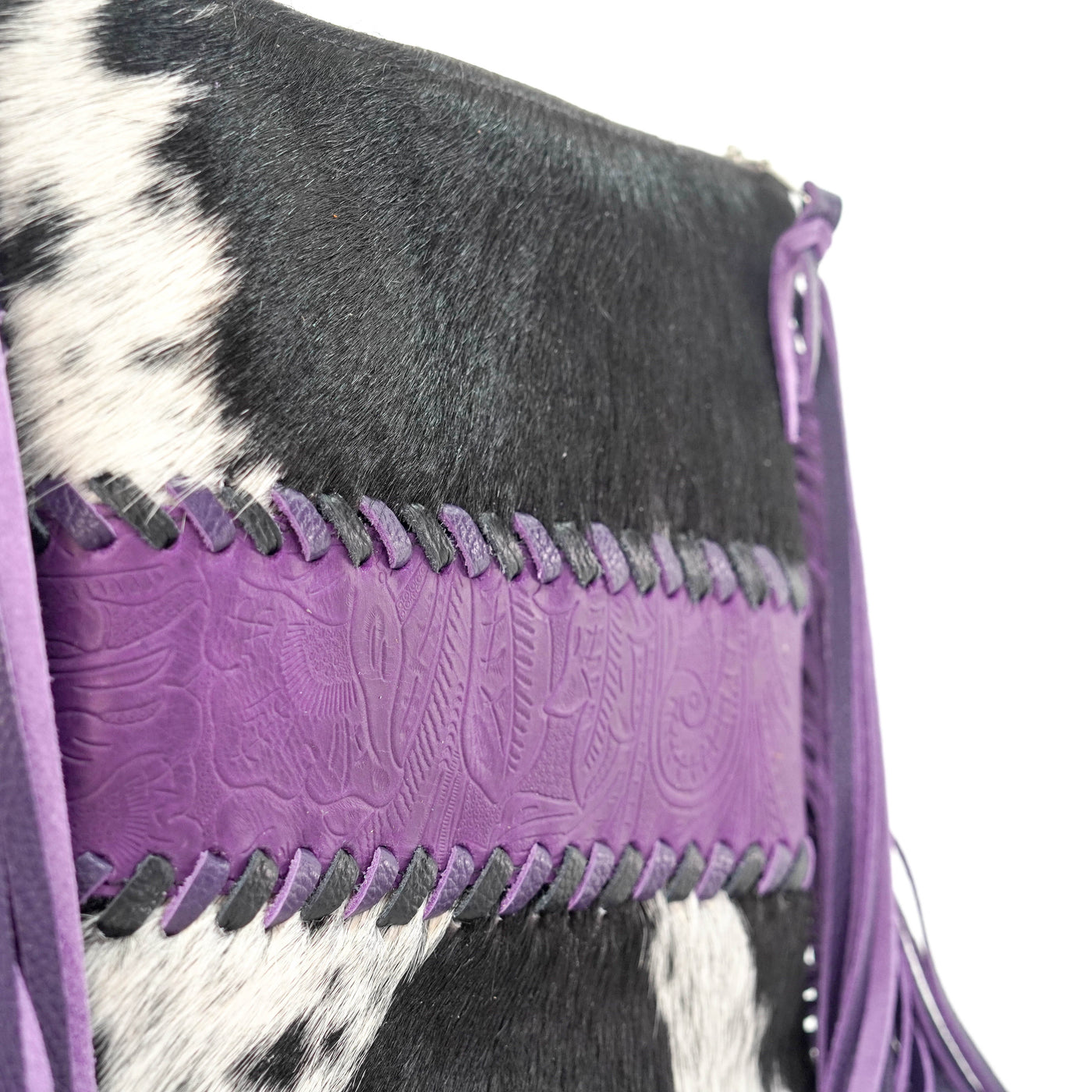 Shania - Black & White w/ Purple Denver Tool-Shania-Western-Cowhide-Bags-Handmade-Products-Gifts-Dancing Cactus Designs
