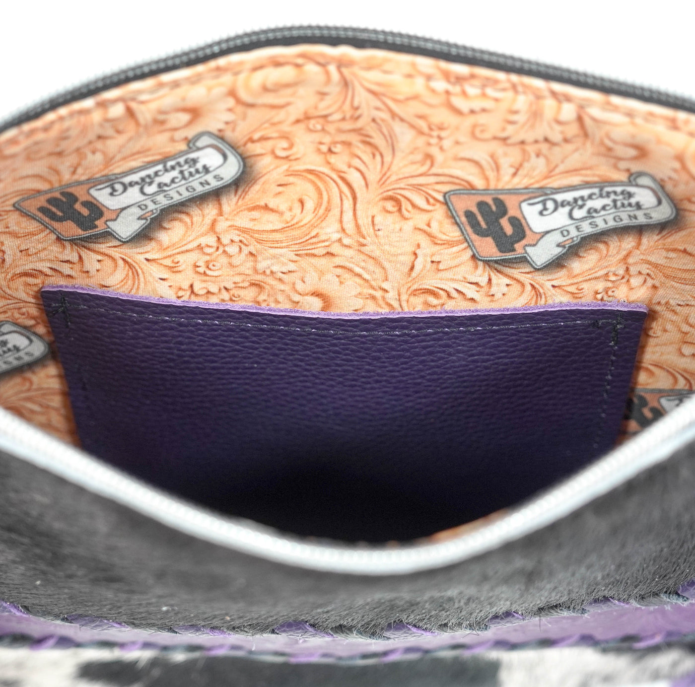 Shania - Black & White w/ Purple Denver Tool-Shania-Western-Cowhide-Bags-Handmade-Products-Gifts-Dancing Cactus Designs
