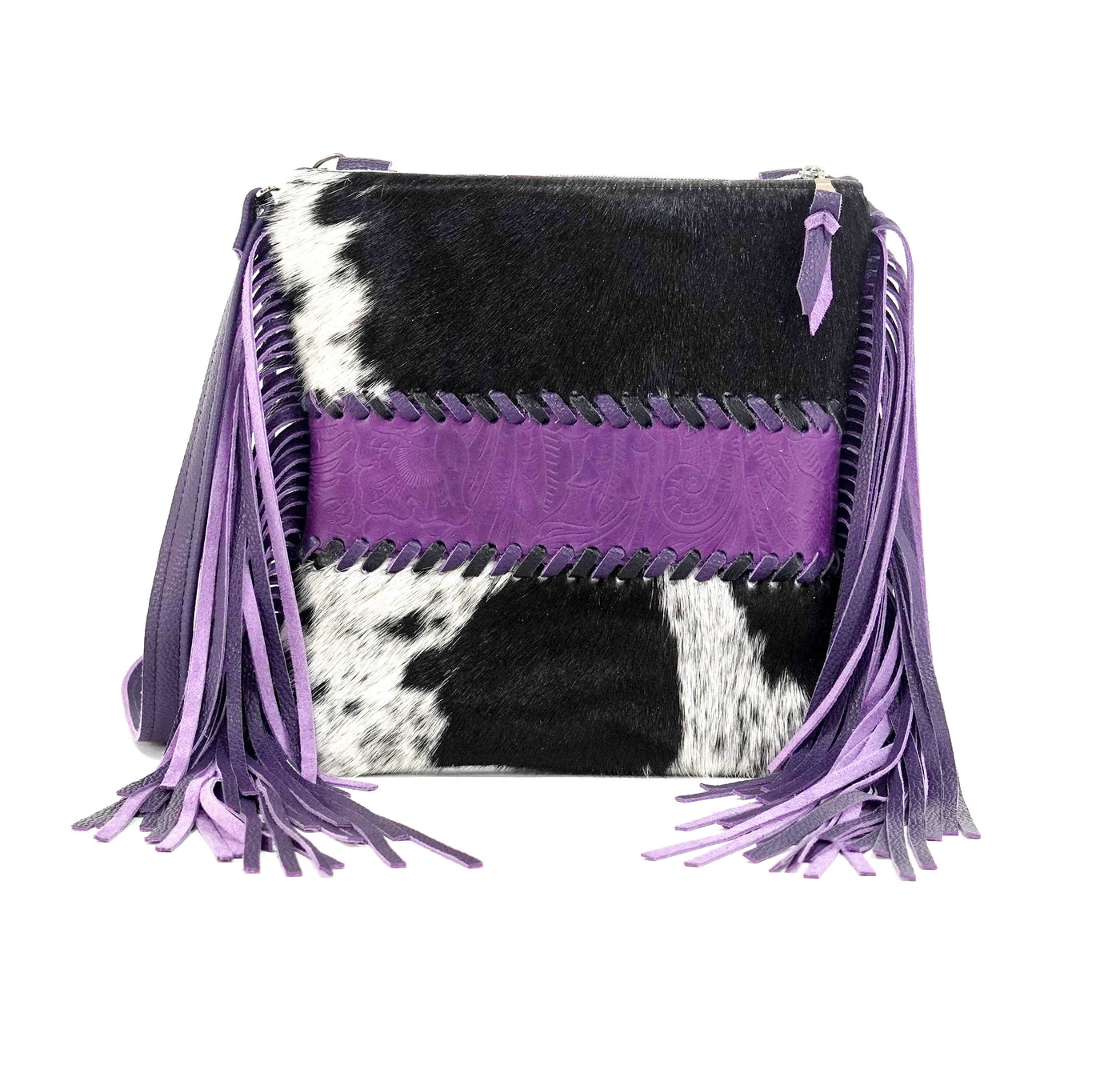 Shania - Black & White w/ Purple Denver Tool-Shania-Western-Cowhide-Bags-Handmade-Products-Gifts-Dancing Cactus Designs