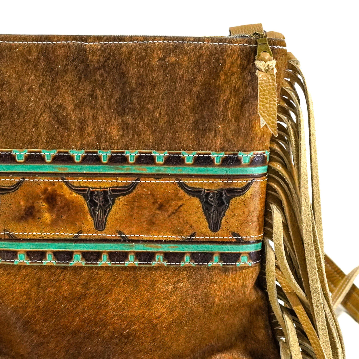 Shania - Brindle w/ Sepia Skulls-Shania-Western-Cowhide-Bags-Handmade-Products-Gifts-Dancing Cactus Designs