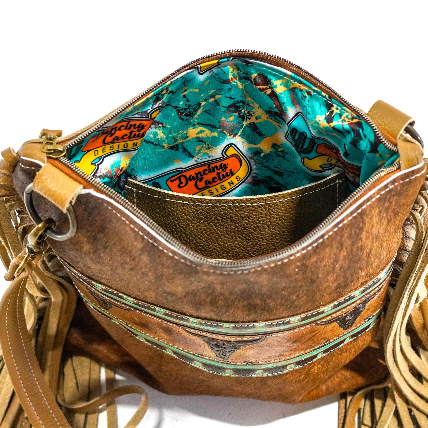 Shania - Brindle w/ Sepia Skulls-Shania-Western-Cowhide-Bags-Handmade-Products-Gifts-Dancing Cactus Designs