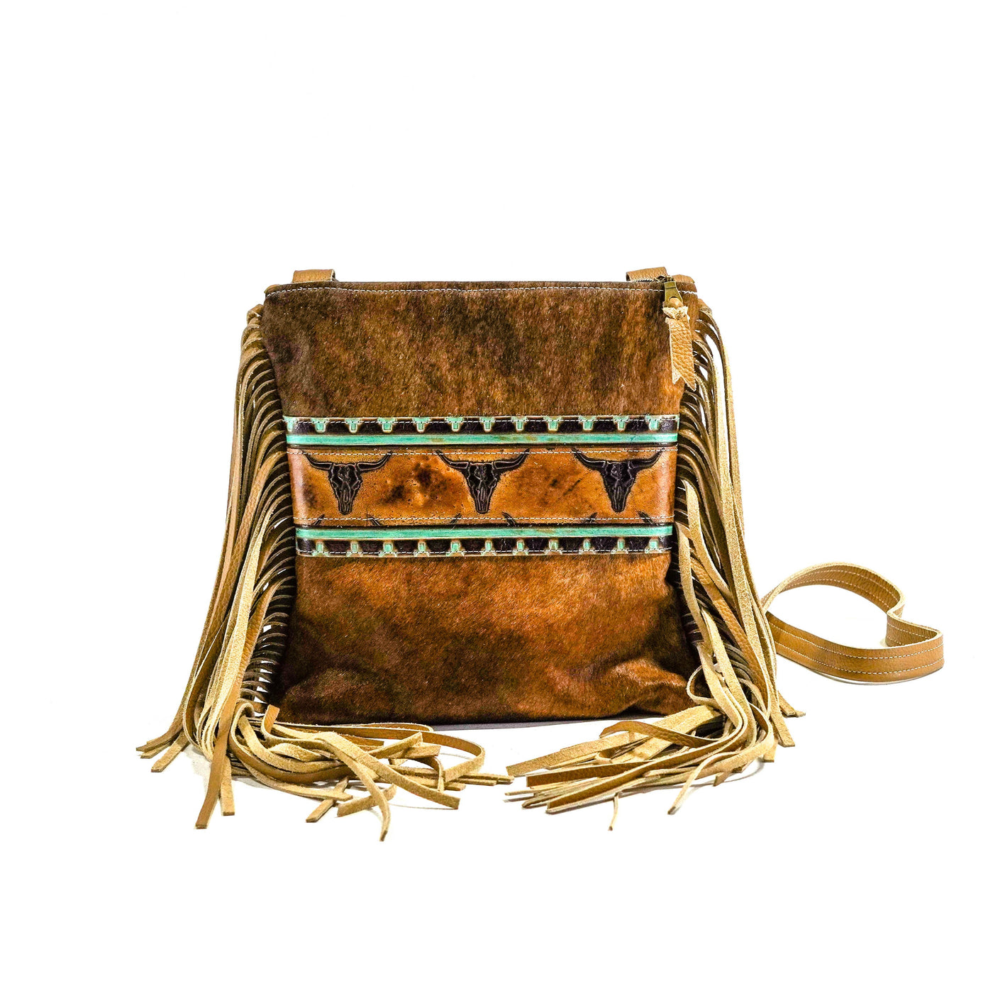 Shania - Brindle w/ Sepia Skulls-Shania-Western-Cowhide-Bags-Handmade-Products-Gifts-Dancing Cactus Designs