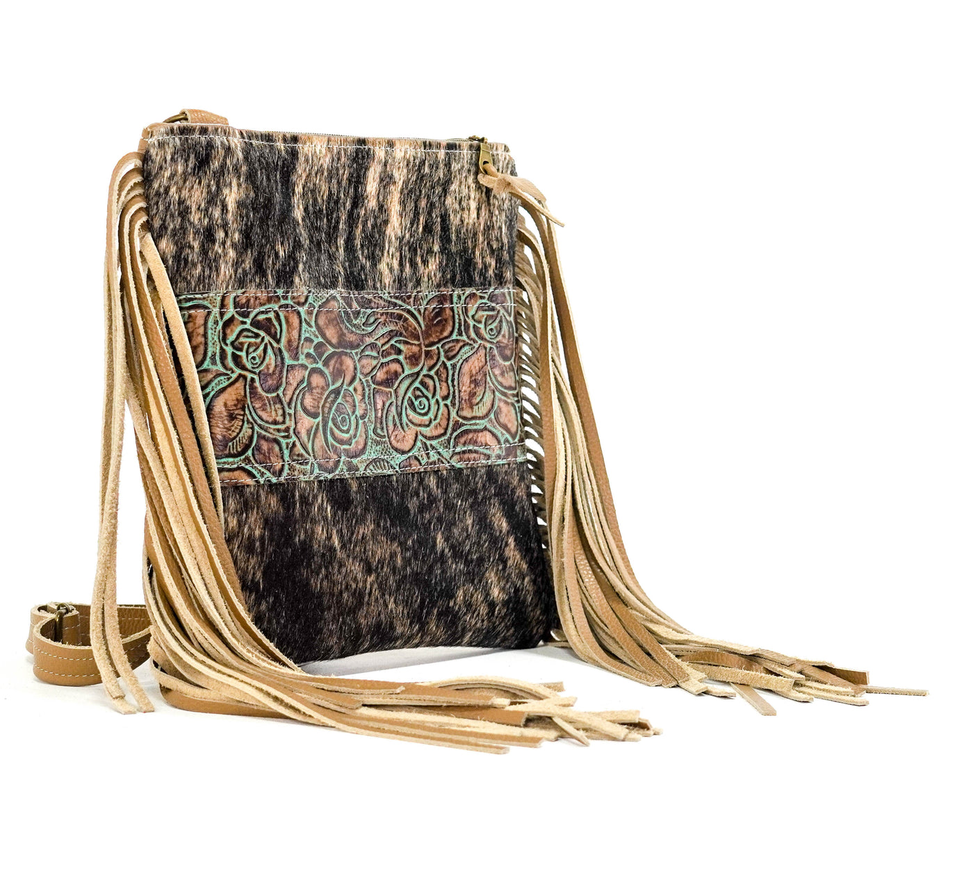Shania - Brindle w/ Turquoise Roses-Shania-Western-Cowhide-Bags-Handmade-Products-Gifts-Dancing Cactus Designs