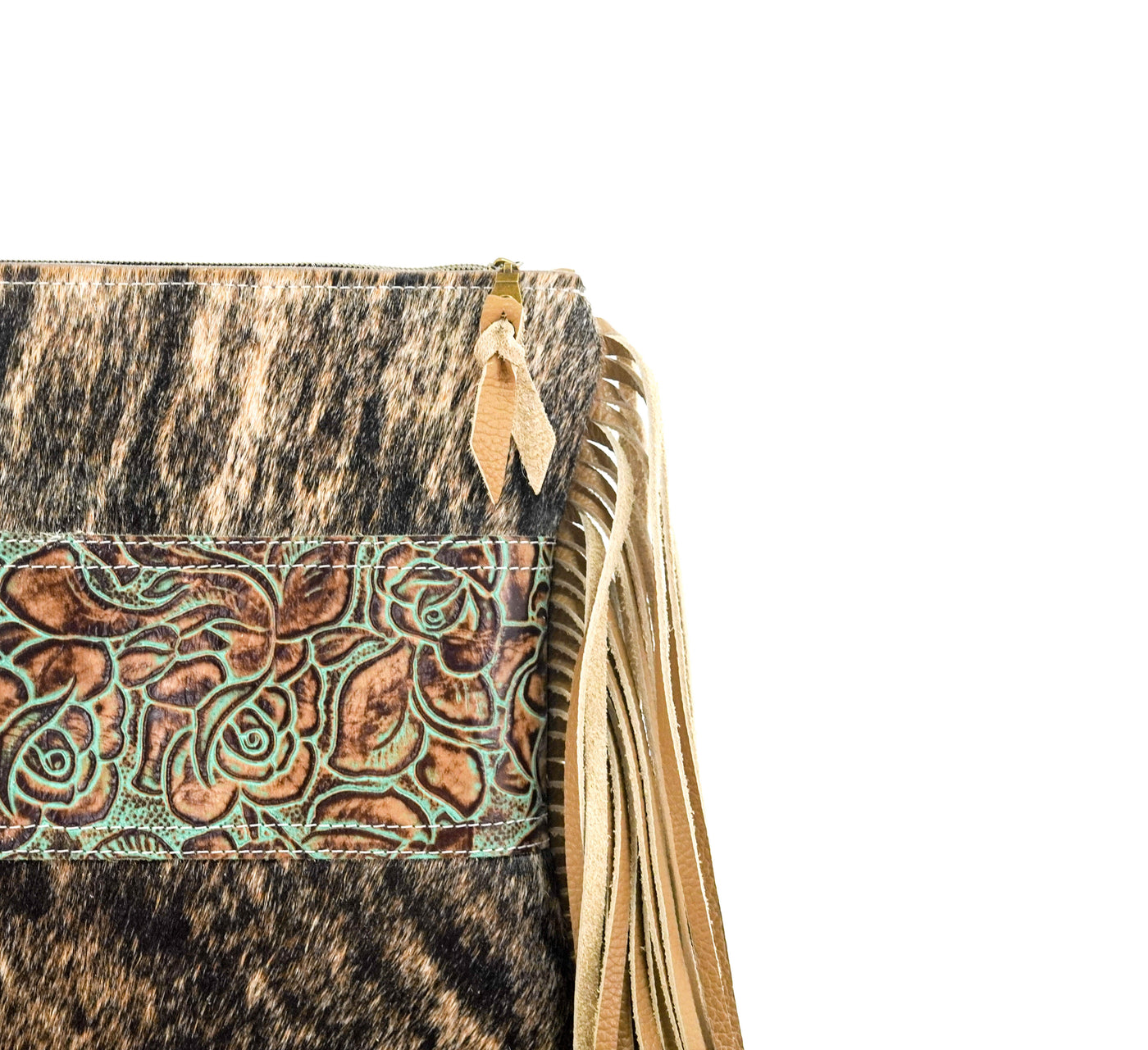 Shania - Brindle w/ Turquoise Roses-Shania-Western-Cowhide-Bags-Handmade-Products-Gifts-Dancing Cactus Designs