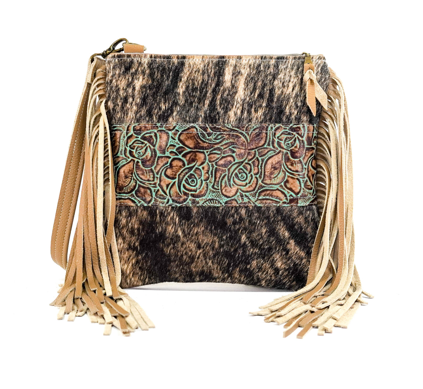 Shania - Brindle w/ Turquoise Roses-Shania-Western-Cowhide-Bags-Handmade-Products-Gifts-Dancing Cactus Designs