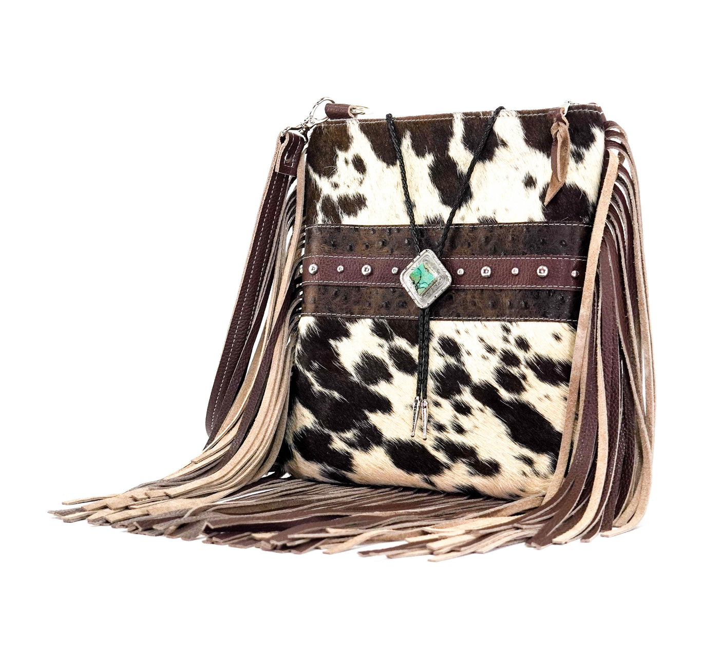 Shania - Chocolate & White w/ Walnut Ostrich-Shania-Western-Cowhide-Bags-Handmade-Products-Gifts-Dancing Cactus Designs