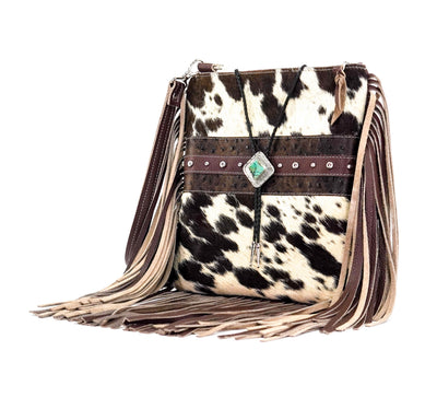 Shania - Chocolate & White w/ Walnut Ostrich-Shania-Western-Cowhide-Bags-Handmade-Products-Gifts-Dancing Cactus Designs