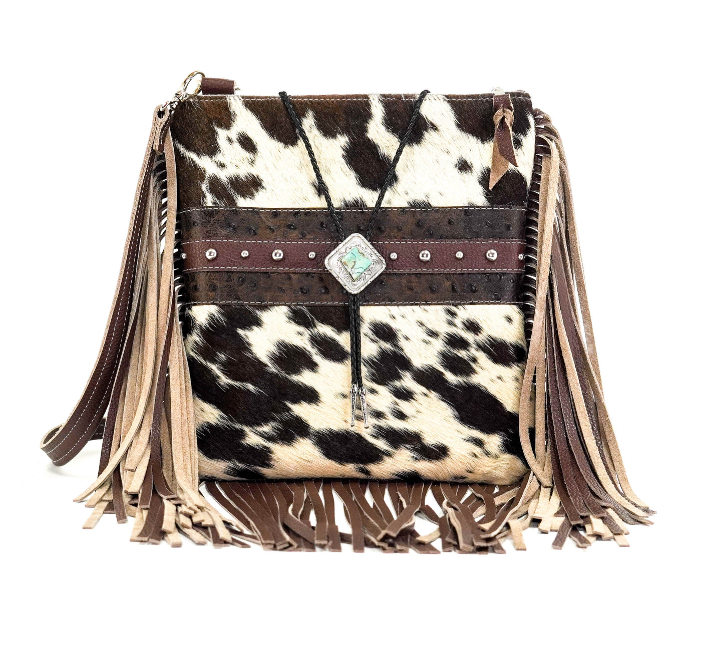 Shania - Chocolate & White w/ Walnut Ostrich-Shania-Western-Cowhide-Bags-Handmade-Products-Gifts-Dancing Cactus Designs