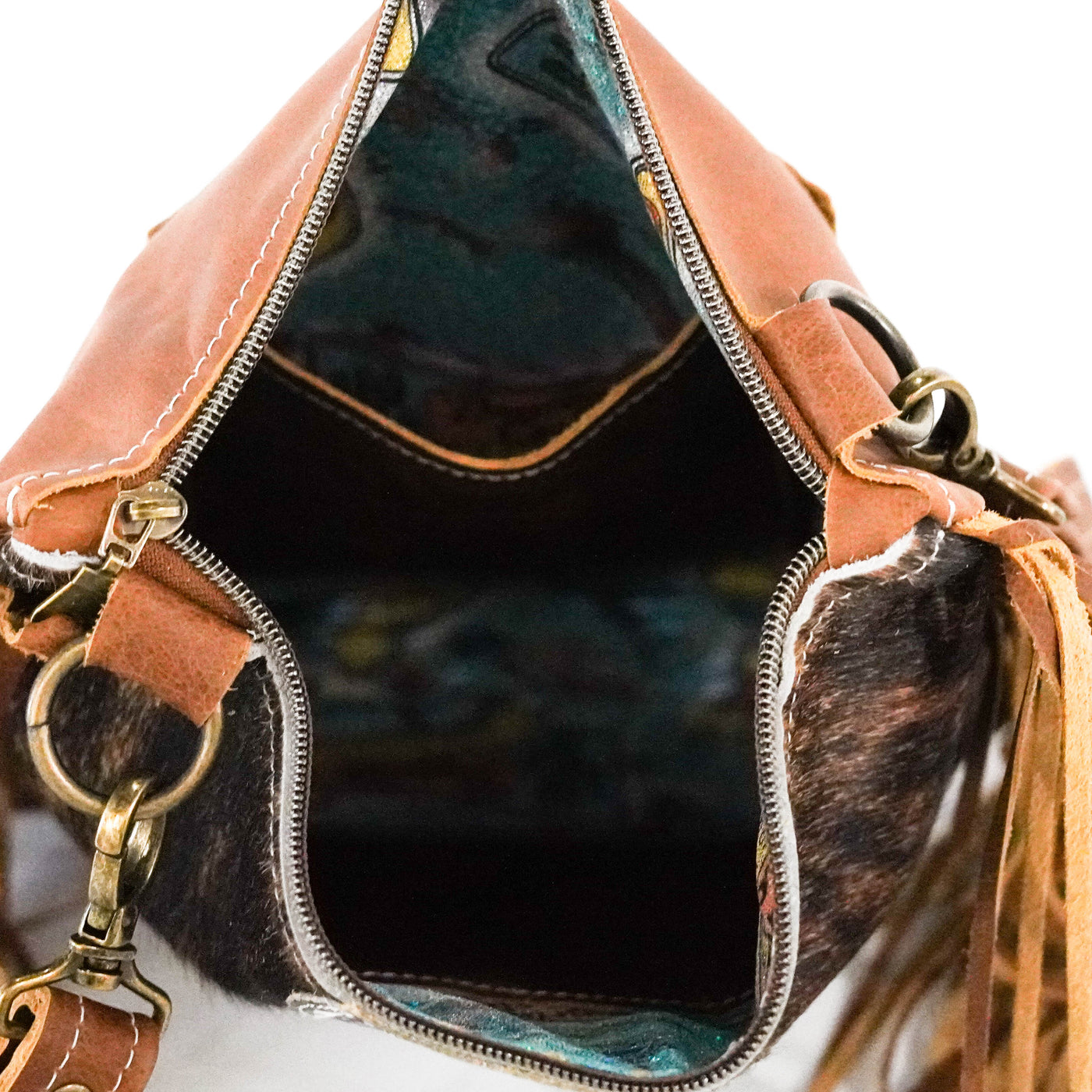 Shania - Dark Brindle w/ Turqouise Wildflower-Shania-Western-Cowhide-Bags-Handmade-Products-Gifts-Dancing Cactus Designs
