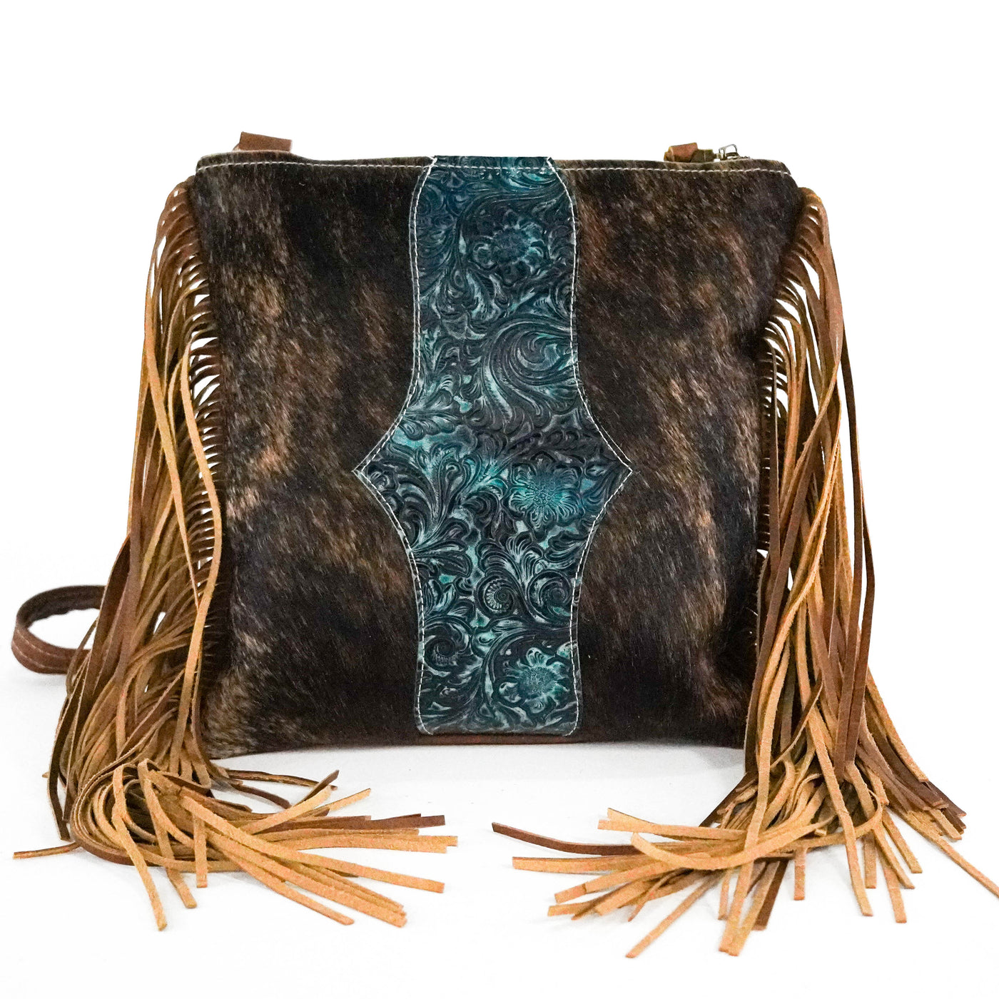 Shania - Dark Brindle w/ Turqouise Wildflower-Shania-Western-Cowhide-Bags-Handmade-Products-Gifts-Dancing Cactus Designs