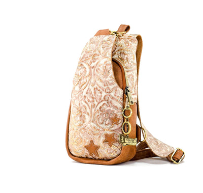 Sling Bag - All Embossed w/ Rose Gold Tool-Sling Bag-Western-Cowhide-Bags-Handmade-Products-Gifts-Dancing Cactus Designs