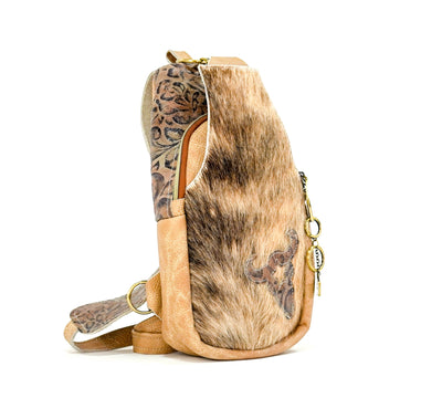 Sling Bag - Brindle w/ Deadwood Roses-Sling Bag-Western-Cowhide-Bags-Handmade-Products-Gifts-Dancing Cactus Designs