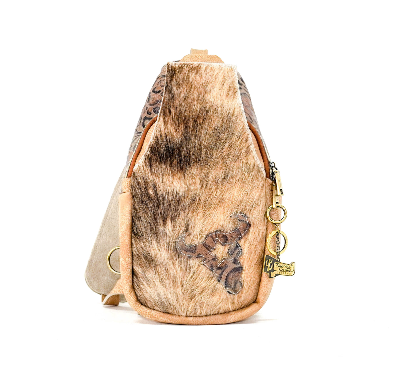 Sling Bag - Brindle w/ Deadwood Roses-Sling Bag-Western-Cowhide-Bags-Handmade-Products-Gifts-Dancing Cactus Designs