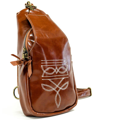 Sling Bag - Cognac Leather w/ Boot Stitch Embroidery-Sling Bag-Western-Cowhide-Bags-Handmade-Products-Gifts-Dancing Cactus Designs