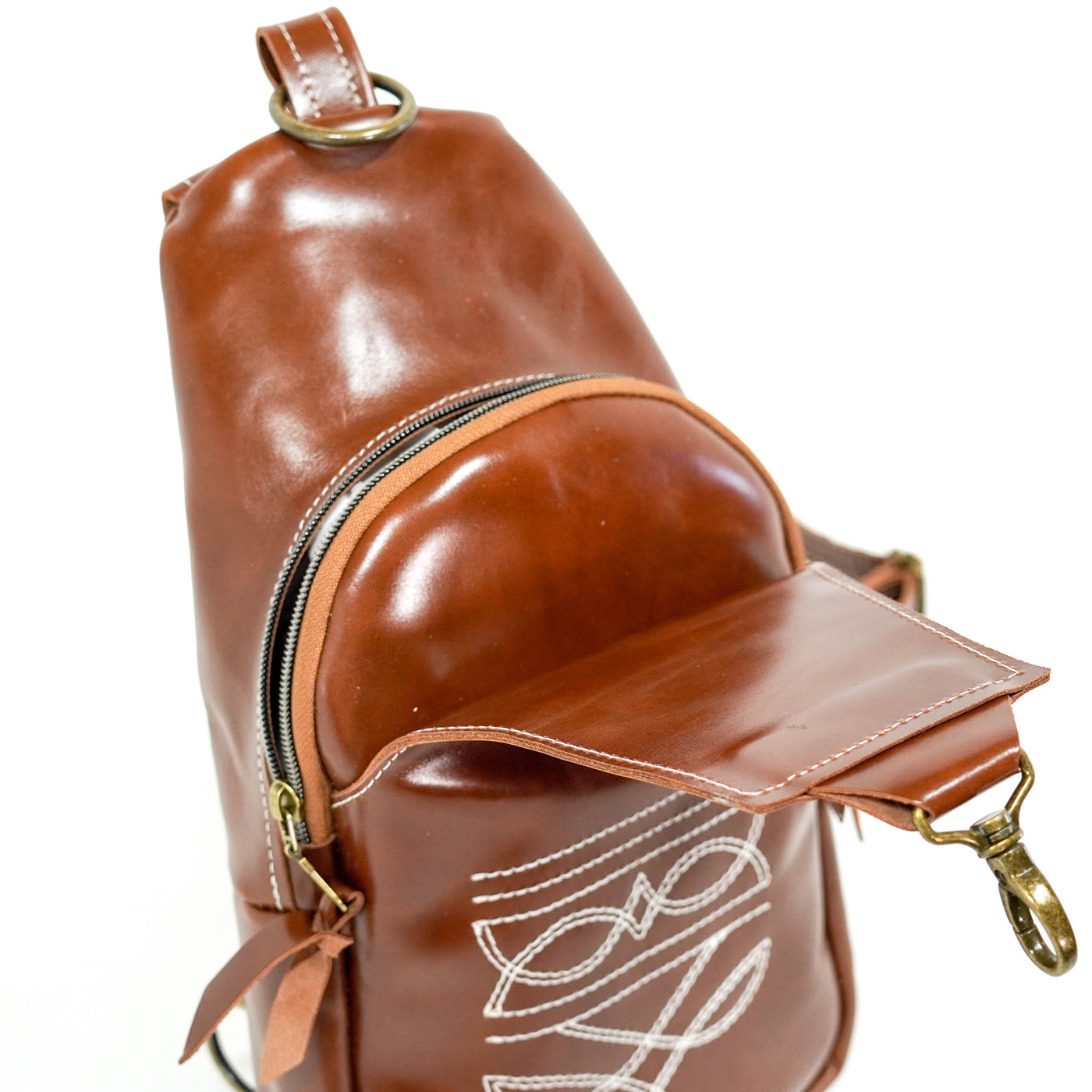 Sling Bag - Cognac Leather w/ Boot Stitch Embroidery-Sling Bag-Western-Cowhide-Bags-Handmade-Products-Gifts-Dancing Cactus Designs