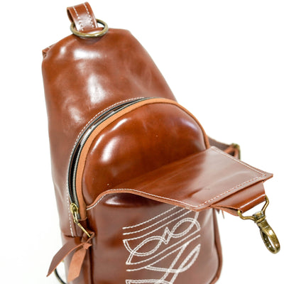 Sling Bag - Cognac Leather w/ Boot Stitch Embroidery-Sling Bag-Western-Cowhide-Bags-Handmade-Products-Gifts-Dancing Cactus Designs