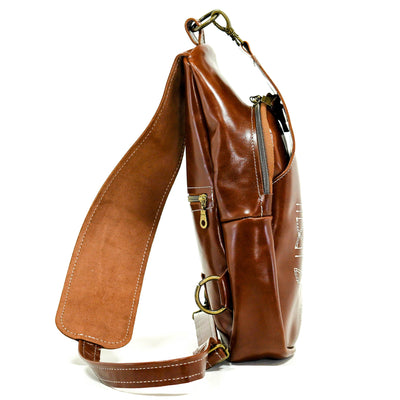 Sling Bag - Cognac Leather w/ Boot Stitch Embroidery-Sling Bag-Western-Cowhide-Bags-Handmade-Products-Gifts-Dancing Cactus Designs