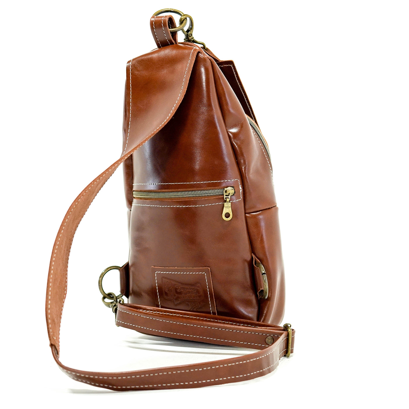 Sling Bag - Cognac Leather w/ Boot Stitch Embroidery-Sling Bag-Western-Cowhide-Bags-Handmade-Products-Gifts-Dancing Cactus Designs