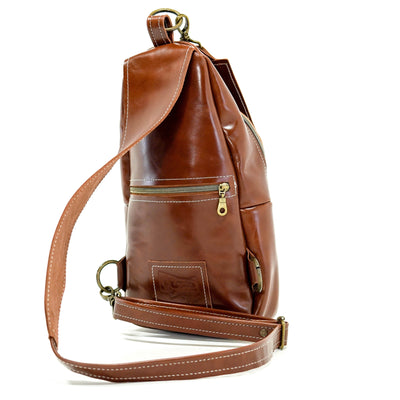 Sling Bag - Cognac Leather w/ Boot Stitch Embroidery-Sling Bag-Western-Cowhide-Bags-Handmade-Products-Gifts-Dancing Cactus Designs