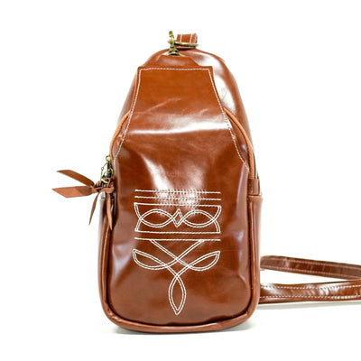 Sling Bag - Cognac Leather w/ Boot Stitch Embroidery-Sling Bag-Western-Cowhide-Bags-Handmade-Products-Gifts-Dancing Cactus Designs
