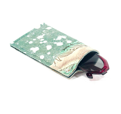 Sunglass Case - Emerald Acid w/ Turquoise Feathers-Sunglass Case-Western-Cowhide-Bags-Handmade-Products-Gifts-Dancing Cactus Designs