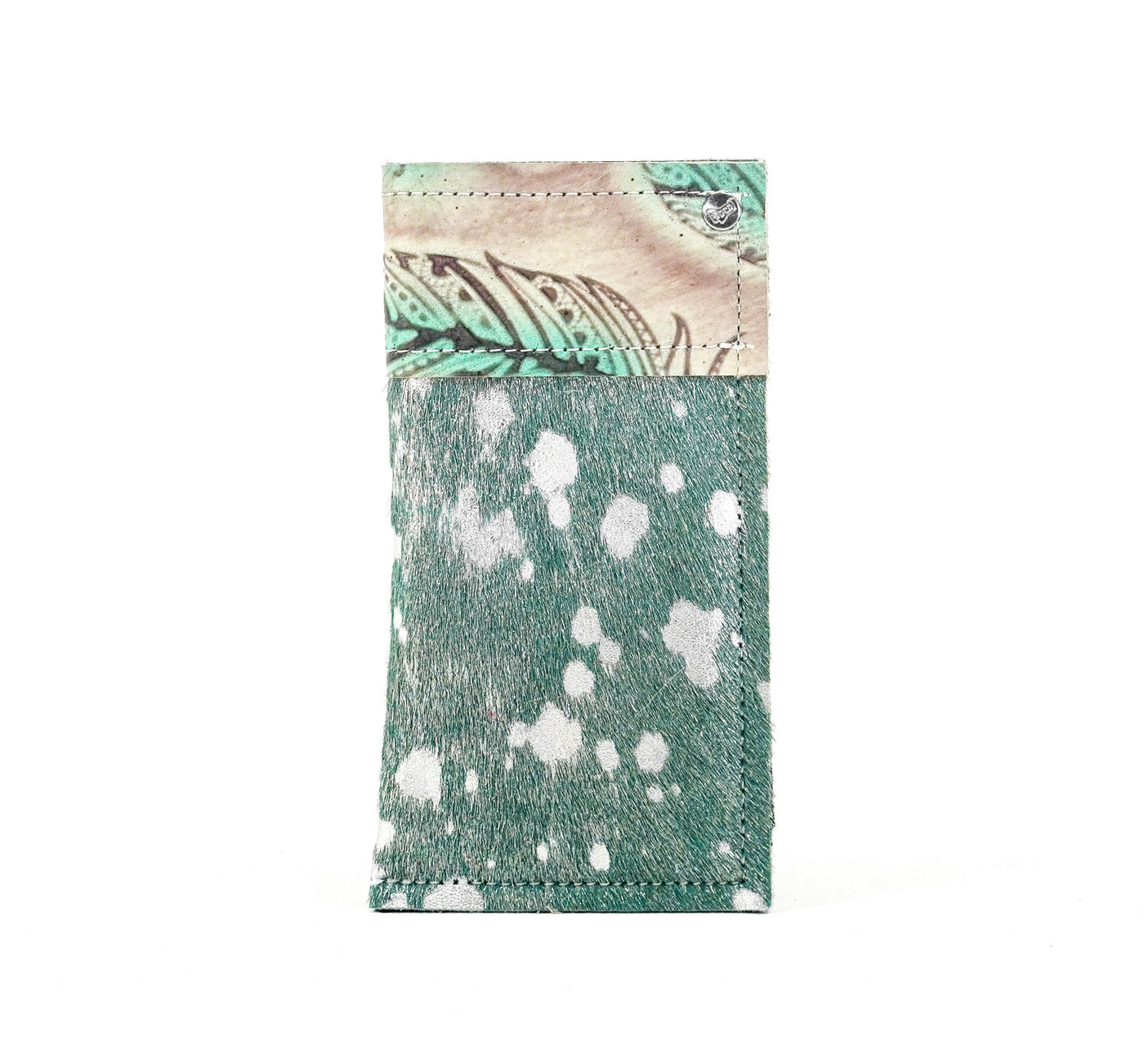 Sunglass Case - Emerald Acid w/ Turquoise Feathers-Sunglass Case-Western-Cowhide-Bags-Handmade-Products-Gifts-Dancing Cactus Designs
