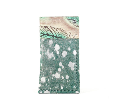 Sunglass Case - Emerald Acid w/ Turquoise Feathers-Sunglass Case-Western-Cowhide-Bags-Handmade-Products-Gifts-Dancing Cactus Designs