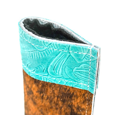 Sunglass Case - Red Brindle w/ Turquoise Denver Tool-Sunglass Case-Western-Cowhide-Bags-Handmade-Products-Gifts-Dancing Cactus Designs