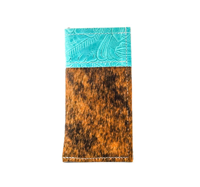 Sunglass Case - Red Brindle w/ Turquoise Denver Tool-Sunglass Case-Western-Cowhide-Bags-Handmade-Products-Gifts-Dancing Cactus Designs