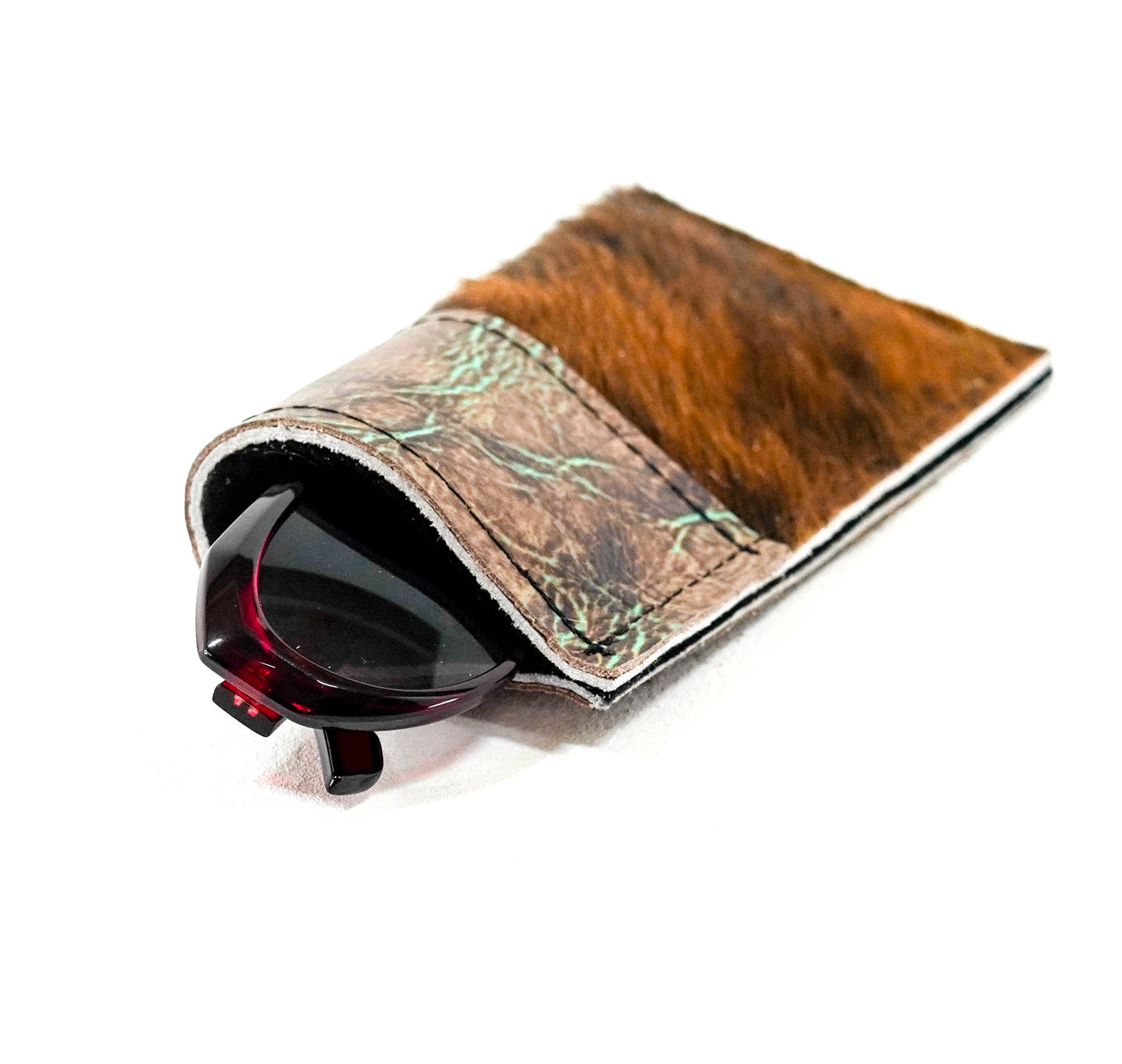 Sunglass Case - Red Brindle w/ Turquoise & Mustang Leather-Sunglass Case-Western-Cowhide-Bags-Handmade-Products-Gifts-Dancing Cactus Designs